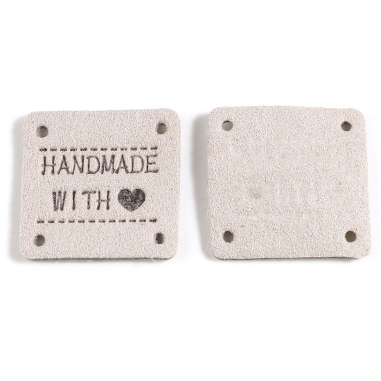 Picture of Microfiber Label Tags Square French Gray Heart Pattern " Hand Made With Love " Faux Suede 25mm x 25mm , 20 PCs