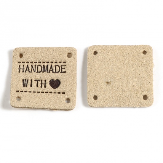 Picture of Microfiber Label Tags Square Khaki Heart Pattern " Hand Made With Love " Faux Suede 25mm x 25mm , 20 PCs