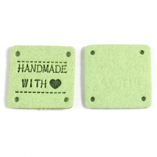 Picture of Microfiber Label Tags Square Green Heart Pattern " Hand Made With Love " Faux Suede 25mm x 25mm , 20 PCs