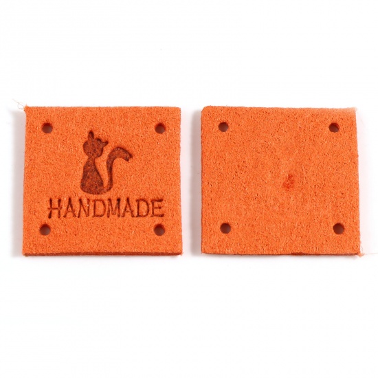 Picture of Microfiber Label Tags Square Orange Cat Pattern " Handmade " Faux Suede 25mm x 25mm , 20 PCs