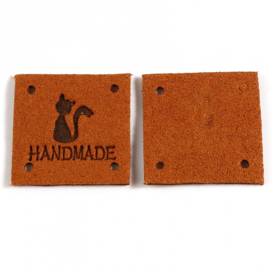 Picture of Microfiber Label Tags Square Brown Cat Pattern " Handmade " Faux Suede 25mm x 25mm , 20 PCs
