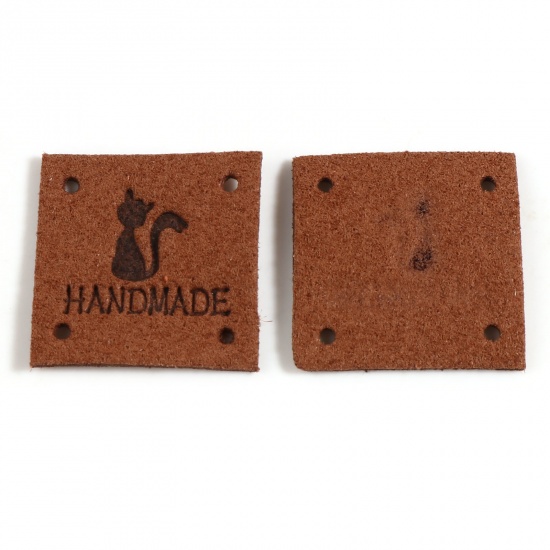 Picture of Microfiber Label Tags Square Coffee Cat Pattern " Handmade " Faux Suede 25mm x 25mm , 20 PCs