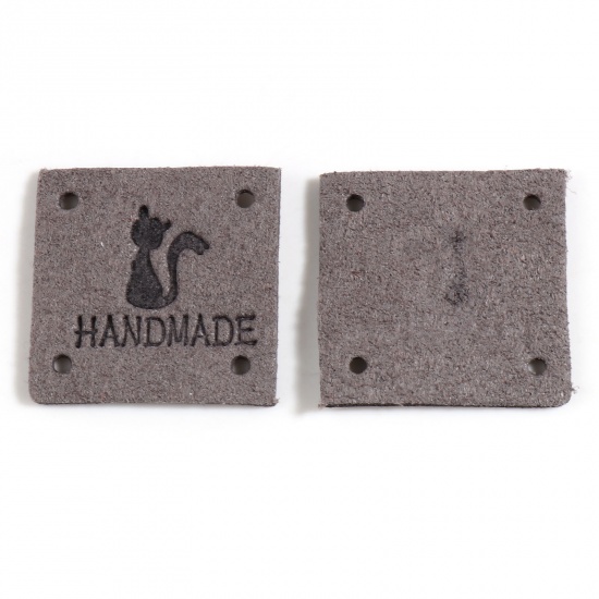 Picture of Microfiber Label Tags Square Gray Cat Pattern " Handmade " Faux Suede 25mm x 25mm , 20 PCs