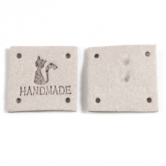 Picture of Microfiber Label Tags Square French Gray Cat Pattern " Handmade " Faux Suede 25mm x 25mm , 20 PCs