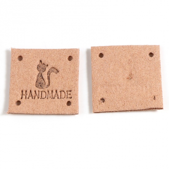 Picture of Microfiber Label Tags Square Apricot Beige Cat Pattern " Handmade " Faux Suede 25mm x 25mm , 20 PCs