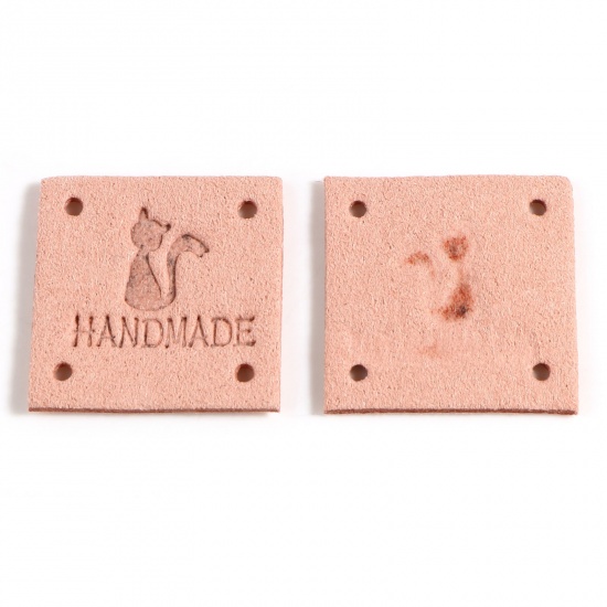 Picture of Microfiber Label Tags Square Peachy Beige Cat Pattern " Handmade " Faux Suede 25mm x 25mm , 20 PCs