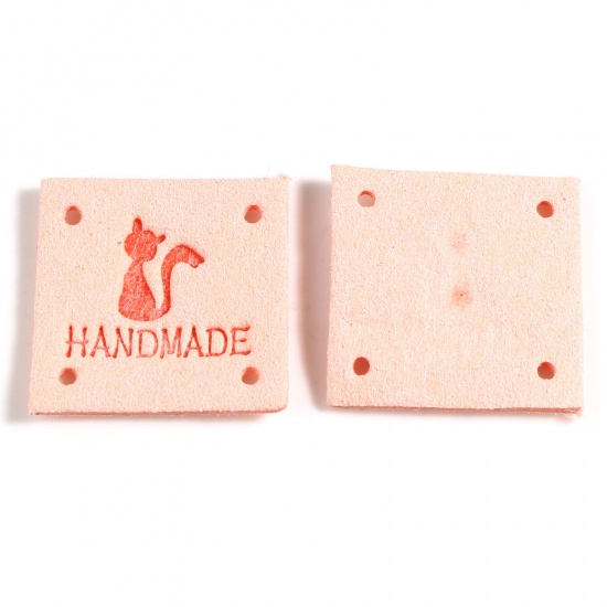 Picture of Microfiber Label Tags Square Peach Pink Cat Pattern " Handmade " Faux Suede 25mm x 25mm , 20 PCs