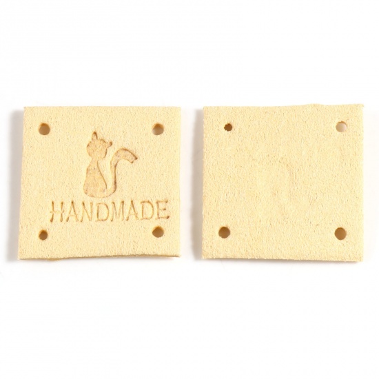 Picture of Microfiber Label Tags Square Yellow Cat Pattern " Handmade " Faux Suede 25mm x 25mm , 20 PCs