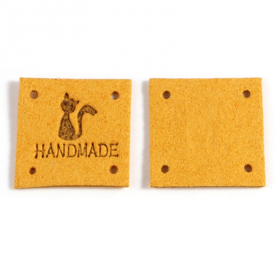 Picture of Microfiber Label Tags Square Ginger Cat Pattern " Handmade " Faux Suede 25mm x 25mm , 20 PCs
