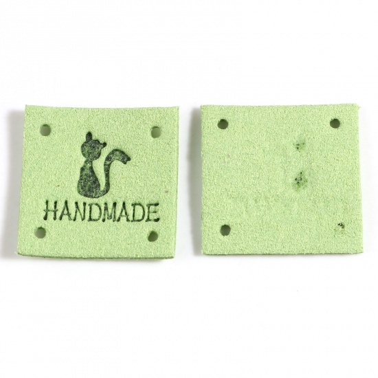 Picture of Microfiber Label Tags Square Green Cat Pattern " Handmade " Faux Suede 25mm x 25mm , 20 PCs