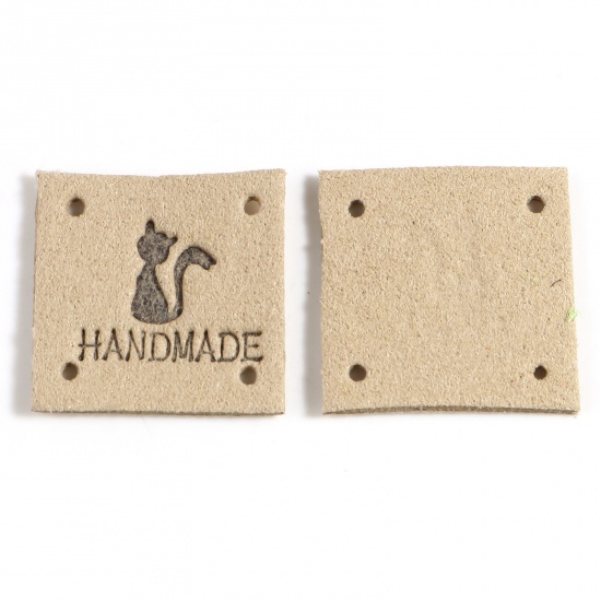 Picture of Microfiber Label Tags Square Khaki Cat Pattern " Handmade " Faux Suede 25mm x 25mm , 20 PCs