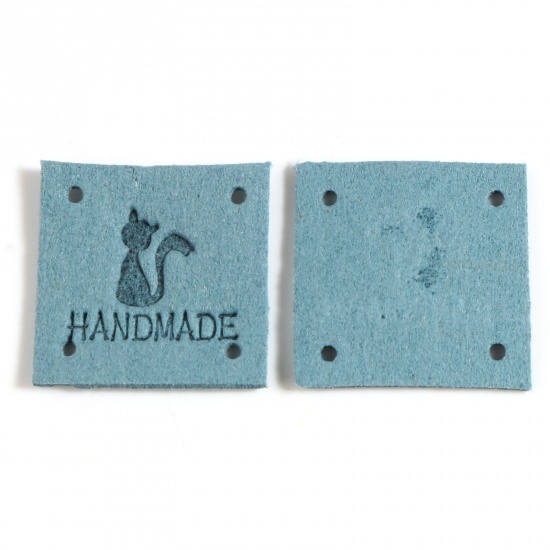 Picture of Microfiber Label Tags Square Peacock Green Cat Pattern " Handmade " Faux Suede 25mm x 25mm , 20 PCs