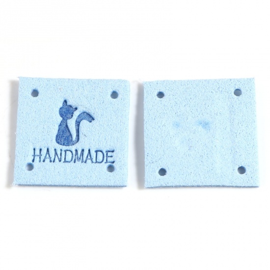 Picture of Microfiber Label Tags Square Light Blue Cat Pattern " Handmade " Faux Suede 25mm x 25mm , 20 PCs