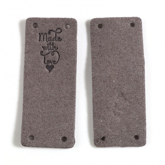 Picture of Microfiber Label Tags Rectangle Gray Heart Pattern " Made With Love " Faux Suede 50mm x 20mm , 10 PCs