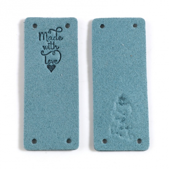 Picture of Microfiber Label Tags Rectangle Peacock Green Heart Pattern " Made With Love " Faux Suede 50mm x 20mm , 10 PCs