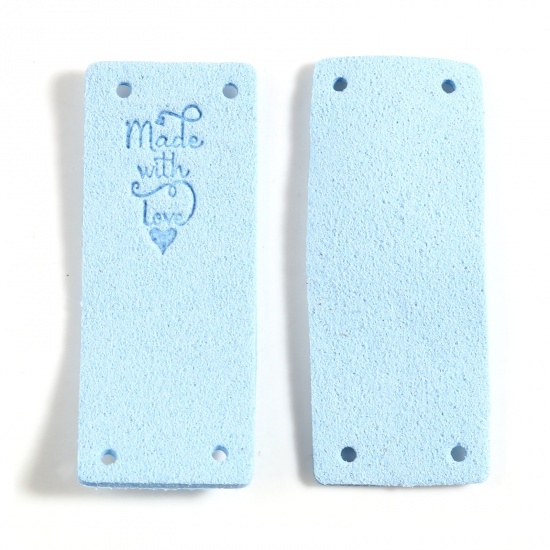 Picture of Microfiber Label Tags Rectangle Light Blue Heart Pattern " Made With Love " Faux Suede 50mm x 20mm , 10 PCs