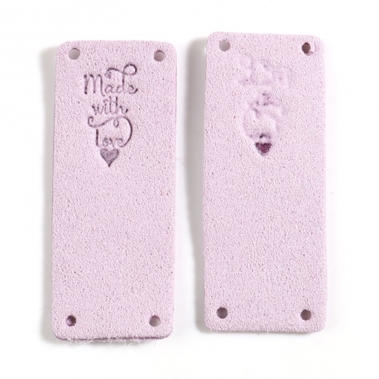 Picture of Microfiber Label Tags Rectangle Mauve Heart Pattern " Made With Love " Faux Suede 50mm x 20mm , 10 PCs