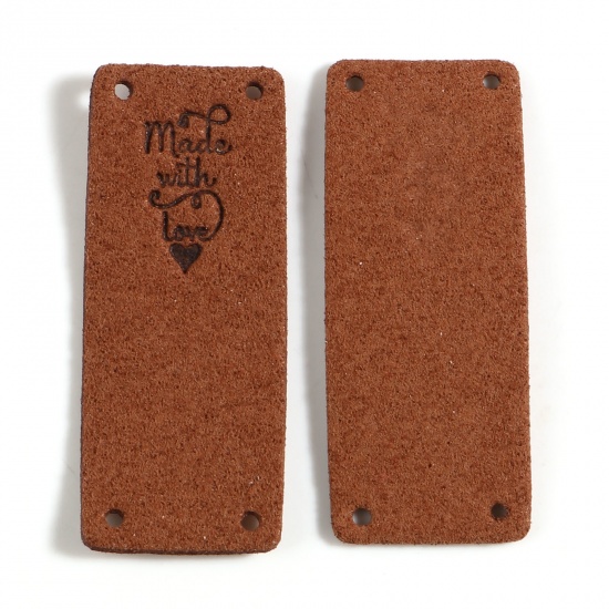 Picture of Microfiber Label Tags Rectangle Coffee Heart Pattern " Made With Love " Faux Suede 50mm x 20mm , 10 PCs