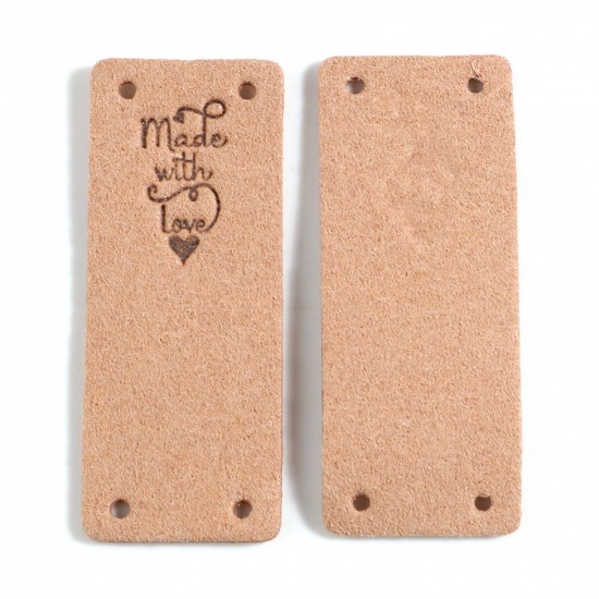 Picture of Microfiber Label Tags Rectangle Apricot Beige Heart Pattern " Made With Love " Faux Suede 50mm x 20mm , 10 PCs