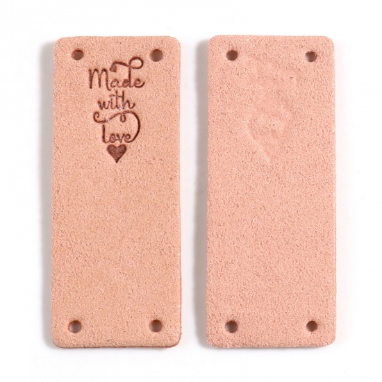 Picture of Microfiber Label Tags Rectangle Peachy Beige Heart Pattern " Made With Love " Faux Suede 50mm x 20mm , 10 PCs