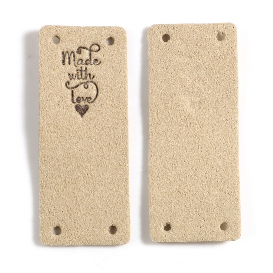 Picture of Microfiber Label Tags Rectangle Khaki Heart Pattern " Made With Love " Faux Suede 50mm x 20mm , 10 PCs