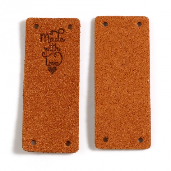 Picture of Microfiber Label Tags Rectangle Brown Heart Pattern " Made With Love " Faux Suede 50mm x 20mm , 10 PCs