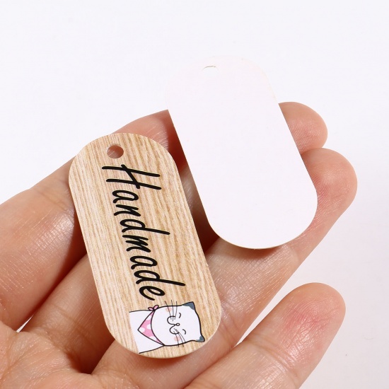 Picture of Paper Label Tags Oval Khaki Cat Pattern " Handmade " 50mm x 20mm , 1 Packet ( 50 PCs/Set)