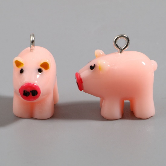 Picture of Resin Charms Pig Animal Silver Tone Pink 20mm x 20mm - 20mm x 19mm, 10 PCs