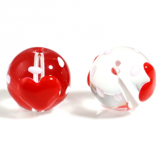 ガラス バレンタインデー ビーズ 円形 赤 ハート 透明 約 12mm 直径、 穴：約 1.5mm、 2 個 の画像