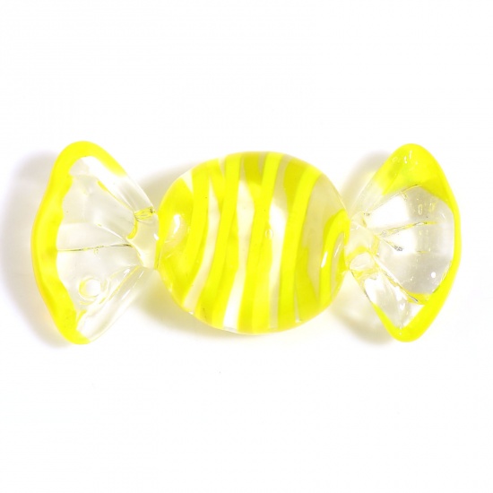 ガラス ビーズ キャンディ 黄色 縞模様 約 3cm x 1.3cm、 穴：約 1mm、 2 個 の画像
