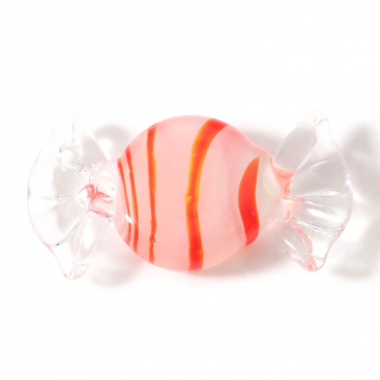 ガラス ビーズ キャンディ 白×赤 縞模様 約 3cm x 1.3cm、 穴：約 1mm、 2 個 の画像
