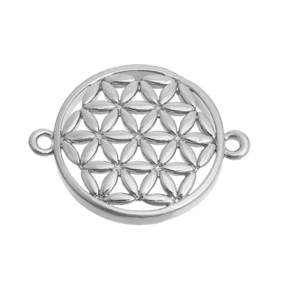 Picture of Brass Flower Of Life Connectors Findings Round Silver Tone Pattern Hollow Carved 21mm( 7/8") x 16mm( 5/8"), 2 PCs                                                                                                                                             
