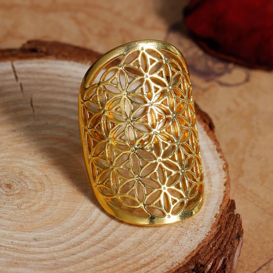 Picture of New Fashion Brass Adjustable Flower Of Life Rings Gold Plated Hollow Carved 17.9mm( 6/8")(US size 7.5), 1 Piece                                                                                                                                               