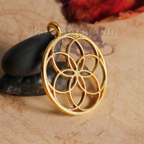 Picture of Zinc Based Alloy Seed Of Life Pendants Round Gold Plated Hollow Carved 35mm(1 3/8") x 30mm(1 1/8"), 5 PCs