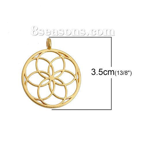 Picture of Zinc Based Alloy Seed Of Life Pendants Round Gold Plated Hollow Carved 35mm(1 3/8") x 30mm(1 1/8"), 5 PCs