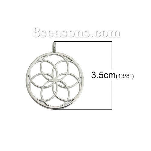 Picture of Zinc Based Alloy Seed Of Life Pendants Round Silver Tone Hollow Carved 35mm(1 3/8") x 30mm(1 1/8"), 5 PCs
