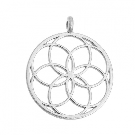 Picture of Zinc Based Alloy Seed Of Life Pendants Round Silver Tone Hollow Carved 35mm(1 3/8") x 30mm(1 1/8"), 5 PCs