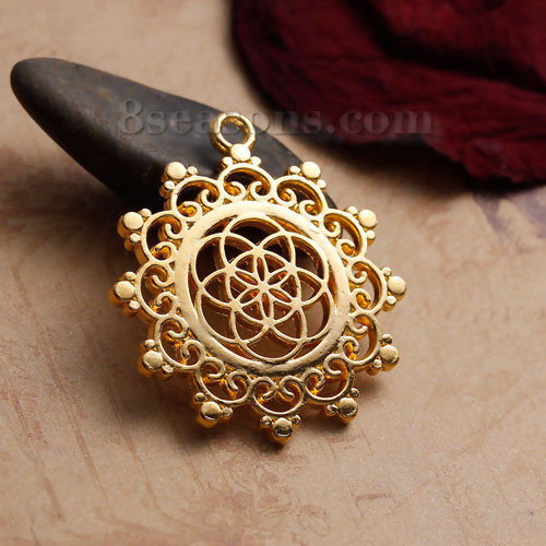 Picture of Zinc Based Alloy Seed Of Life Pendants Flower Gold Plated Hollow Carved 34mm(1 3/8") x 30mm(1 1/8"), 5 PCs