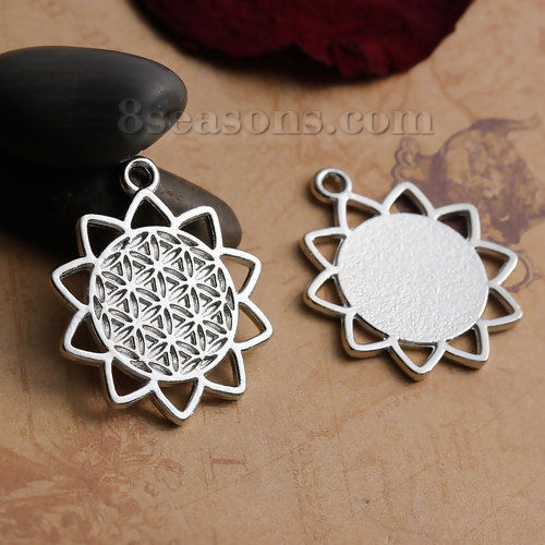 Picture of Zinc Based Alloy Flower Of Life Charms Pendants Silver Tone Hollow Carved  29mm(1 1/8") x 25mm(1"), 5 PCs