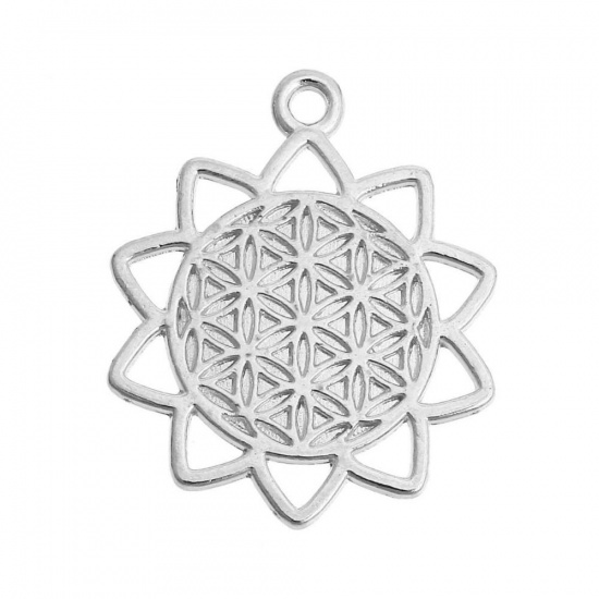 Picture of Zinc Based Alloy Flower Of Life Charms Pendants Silver Tone Hollow Carved  29mm(1 1/8") x 25mm(1"), 5 PCs