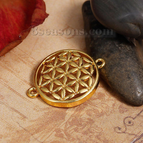 Picture of Brass Flower Of Life Connectors Findings Round Gold Plated Pattern Hollow Carved 21mm( 7/8") x 16mm( 5/8"), 2 PCs                                                                                                                                             