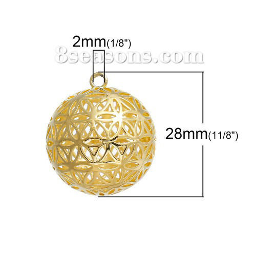 Picture of Brass Flower Of Life Charms Pendants Round Gold Plated Hollow Carved 28mm(1 1/8") x 25mm(1"), 1 Piece                                                                                                                                                         