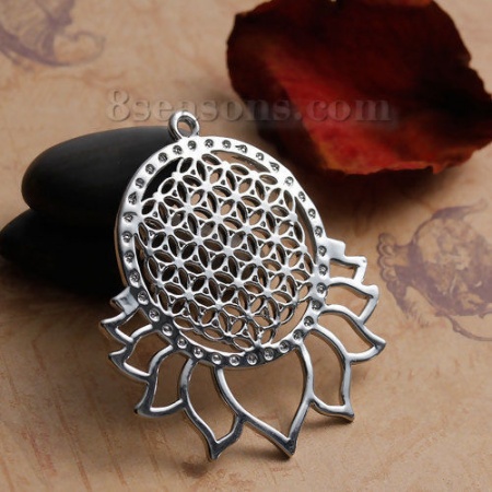 Imagen de Colgantes Latón , Tono de Plata Flor de la vida Patrón Hueco 4.6cmx 4cm, 1 Unidad