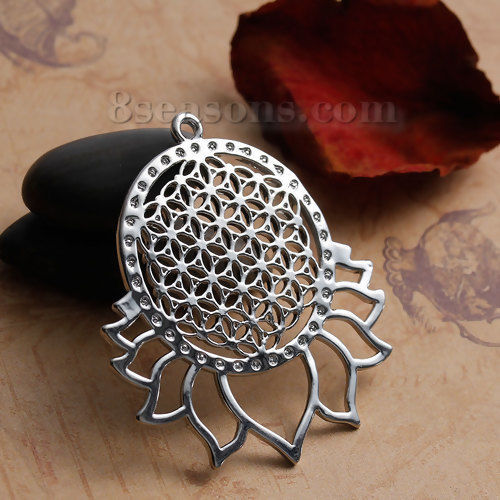 Picture of Brass Flower Of Life Pendants Silver Tone Hollow Carved 4.6cm(1 6/8") x 4cm(1 5/8"), 1 Piece                                                                                                                                                                  