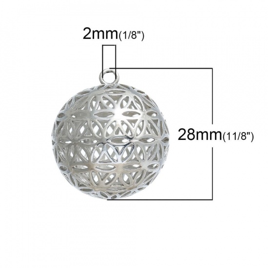 Picture of Brass Flower Of Life Charms Pendants Round Silver Tone Hollow Carved 28mm(1 1/8") x 25mm(1"), 1 Piece                                                                                                                                                         