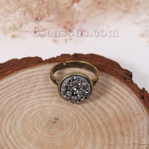 Picture of New Fashion Brass Adjustable Druzy /Drusy Rings Round Antique Bronze Silver-gray 16.7mm( 5/8")(US size 6.25), 2 PCs