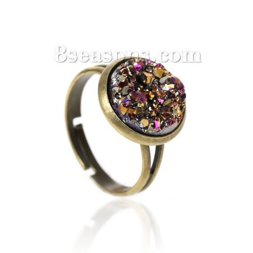 Picture of New Fashion Brass Adjustable Druzy /Drusy Rings Round Antique Bronze Multicolor AB Color 16.7mm( 5/8")(US size 6.25), 2 PCs