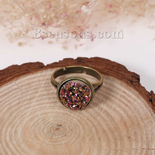 Picture of New Fashion Brass Adjustable Druzy /Drusy Rings Round Antique Bronze Multicolor AB Color 16.7mm( 5/8")(US size 6.25), 2 PCs