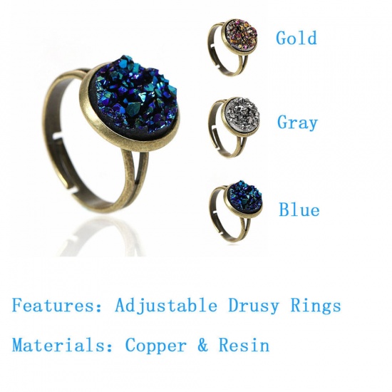 Picture of New Fashion Brass Adjustable Druzy /Drusy Rings Round Antique Bronze Multicolor AB Color 16.7mm( 5/8")(US size 6.25), 2 PCs