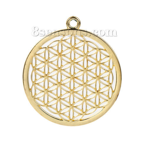 Picture of Zinc Based Alloy Flower Of Life Pendants Round Gold Plated Hollow Carved 44mm(1 6/8") x 40mm(1 5/8"), 3 PCs